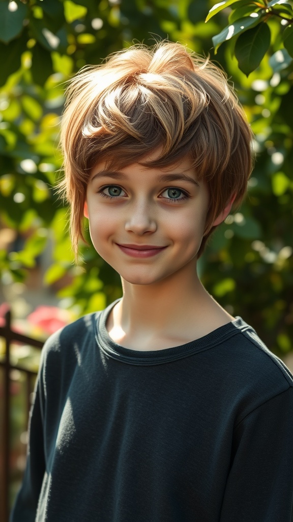 A young girl with a stylish pixie cut and wispy fringe, smiling in a garden setting.