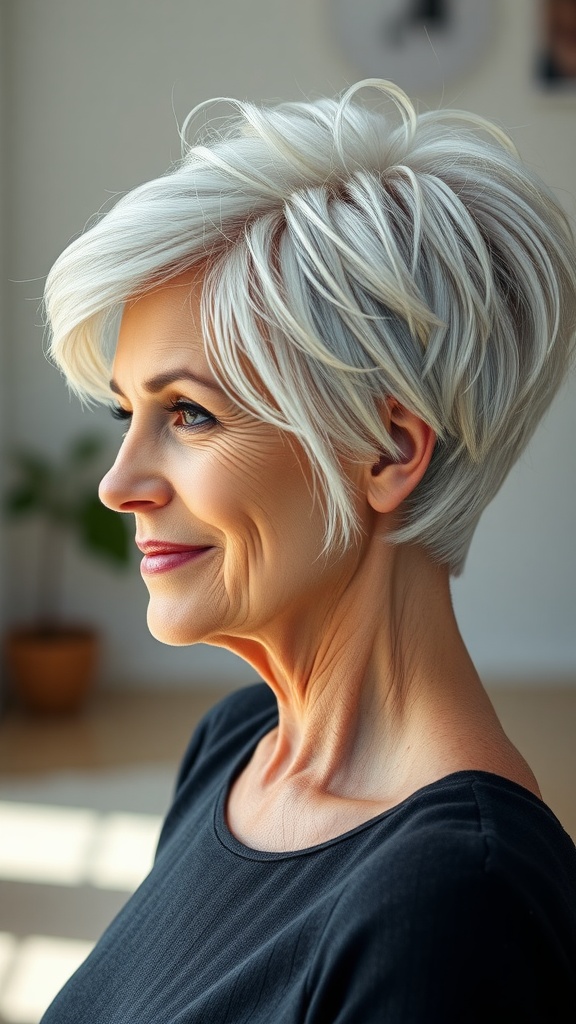 A woman over 60 with a stylish pixie shag hairstyle, featuring textured layers and bright silvery hair.