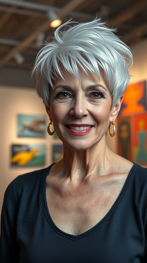 A woman with a stylish pixie shag haircut, showcasing choppy layers and soft textures, smiling against a colorful art gallery background.