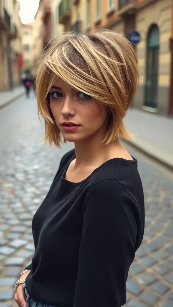 A young woman with a pixie shag hairstyle and long side bangs, wearing a black top, standing on a cobblestone street.