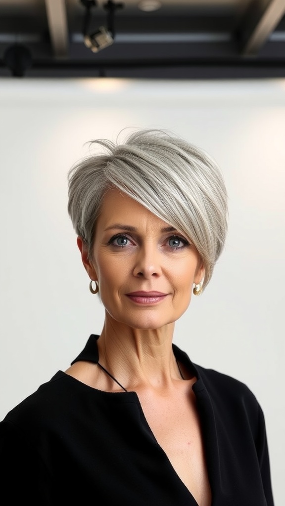 A woman with a pixie shag haircut featuring a tapered neckline, showcasing soft layers and a stylish appearance.