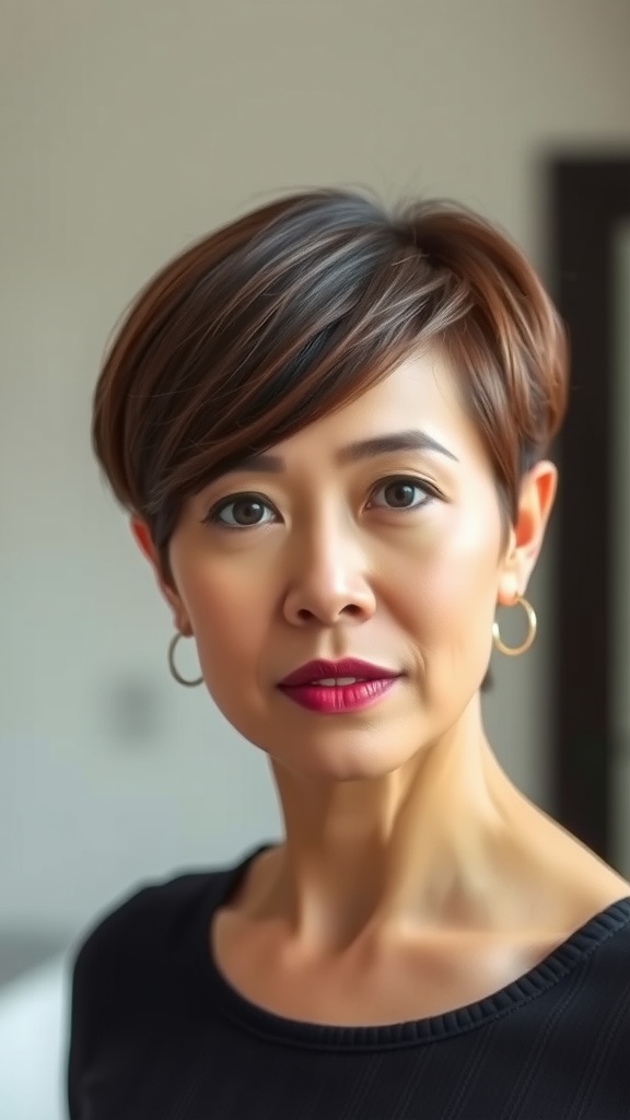 A woman with a chic pixie haircut featuring a tapered nape, showcasing a sleek and polished look.