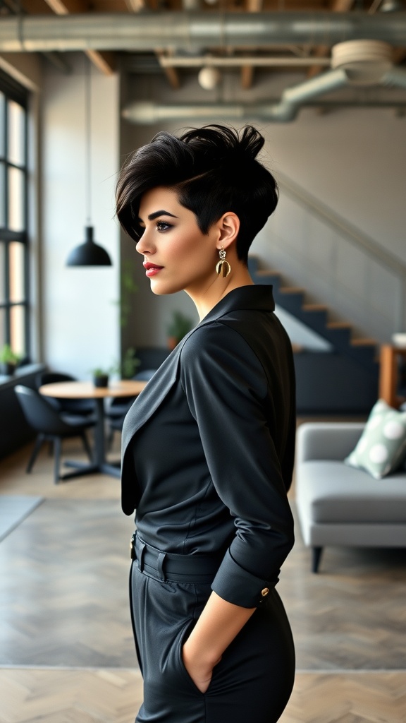 A woman with a tapered pixie cut featuring a voluminous top, wearing a dark outfit in a stylish indoor setting.