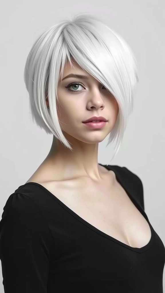 An image of a woman with a platinum asymmetrical bob haircut, showcasing a modern and stylish look.