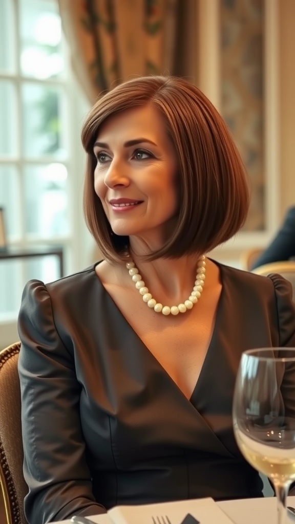 Woman with a polished lob haircut and side part, wearing a black dress and pearl necklace, smiling at a dining event.
