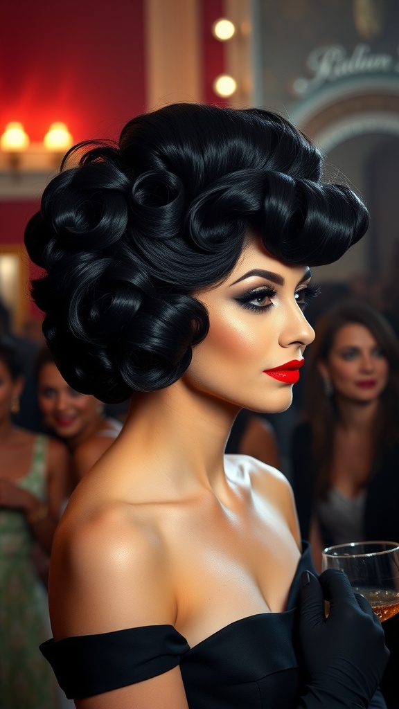 A woman with a Poodle Cut hairstyle, styled in bouncy curls, wearing a black dress and red lipstick, at a glamorous event.