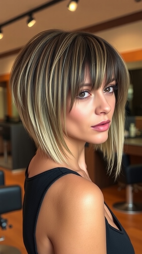 A woman with a razored shag haircut featuring long layers and soft bangs, showcasing depth and texture.