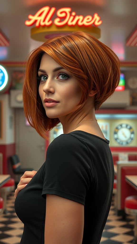 A woman with a retro-inspired asymmetrical bob haircut in a diner setting.