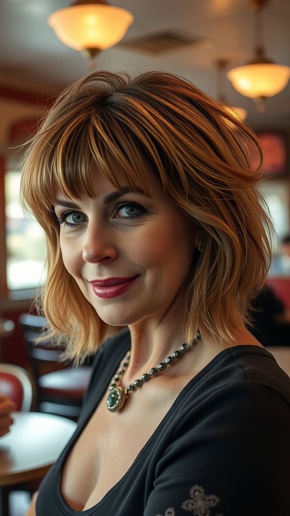 A woman with a retro-inspired shaggy bob haircut with flipped ends, wearing a dark top and necklace, smiling in a cozy café setting.