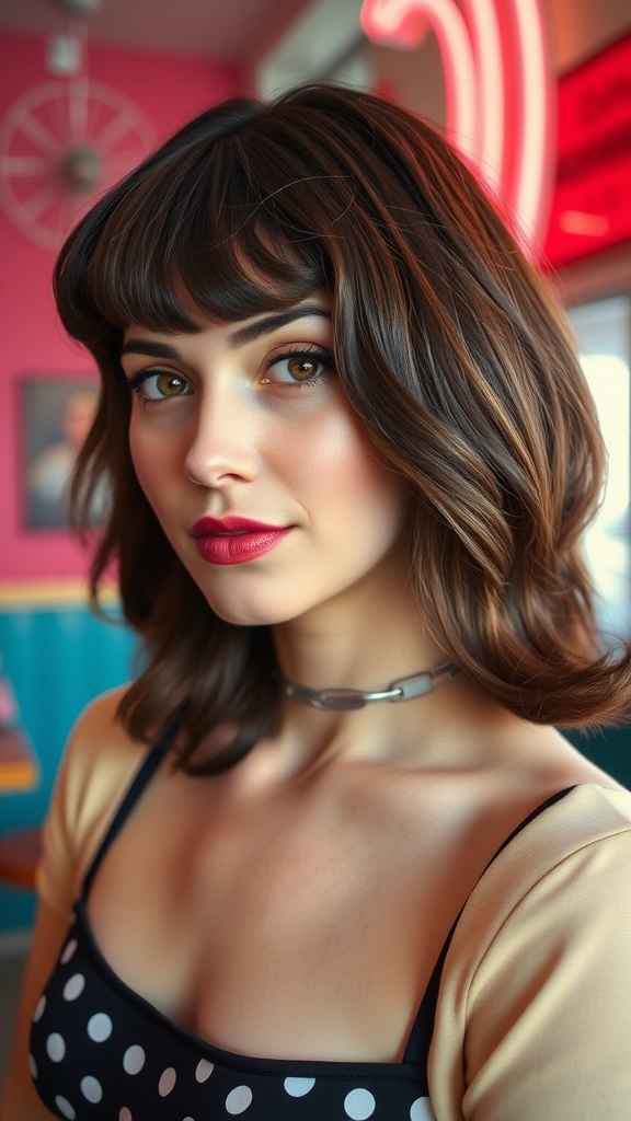 Woman with medium length hair styled in a retro flip with curtain bangs, wearing a polka dot dress against a colorful background.