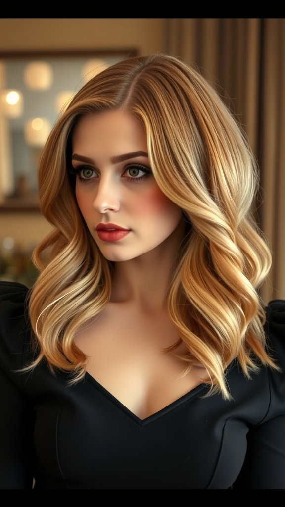 A woman with medium length hair styled in soft retro waves with a side part, showcasing a chic and elegant look.