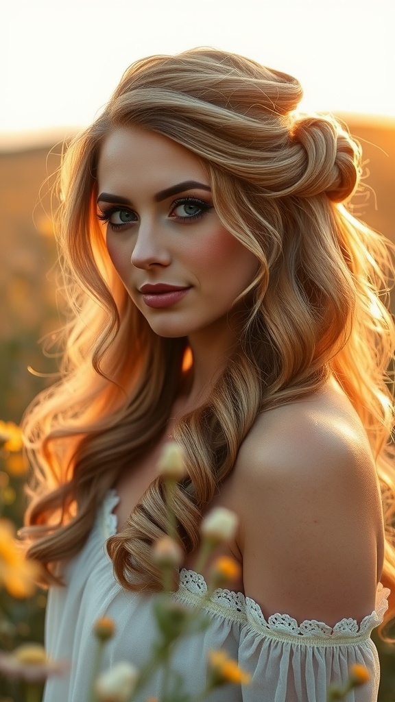 A woman with long, wavy hair styled in a half-up twist, surrounded by flowers in a sunset setting.