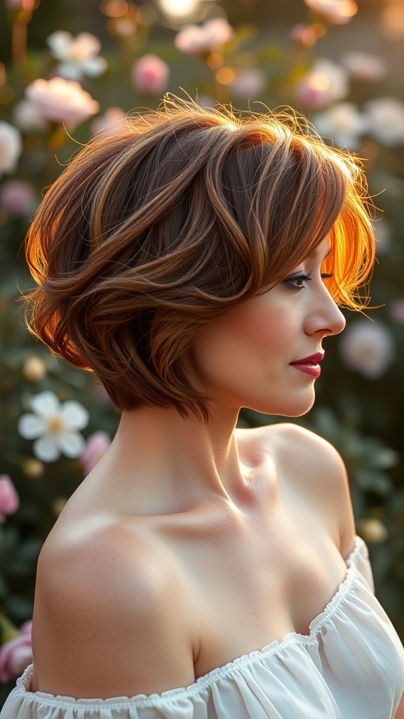 A woman with a tapered pixie cut styled with soft waves, surrounded by blooming flowers.