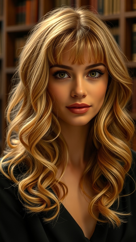 A woman with medium length hair styled in romantic waves, featuring full curtain bangs, posing in front of a bookshelf.