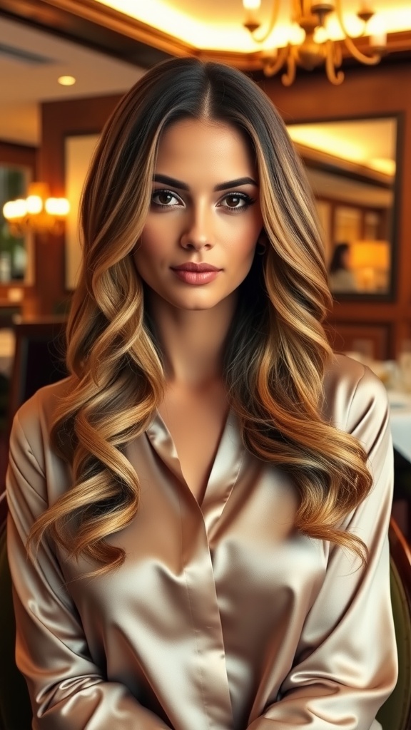 A woman with long, S-shaped waves in her hair, wearing a satin top, set in an elegant environment.