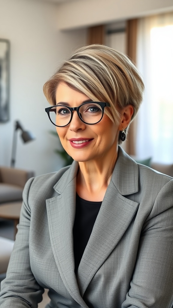 A woman with a sassy side part pixie haircut, wearing glasses and a grey blazer, smiling confidently.