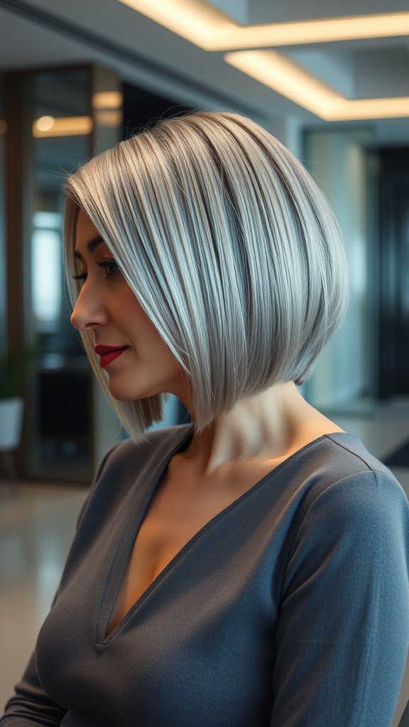 A woman with a silver sculpted asymmetrical bob haircut, showcasing sharp angles and a sleek finish.