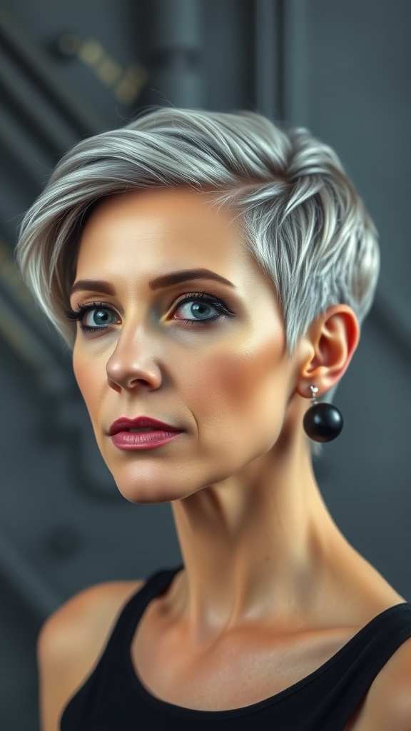 A woman with a sculpted pixie haircut and undercut, showcasing silver hair and elegant earrings.