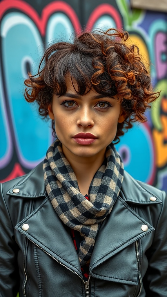 Woman with tight curls and cropped bangs wearing a leather jacket and a plaid scarf against a colorful graffiti wall.