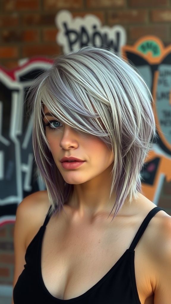 A woman with a shag haircut featuring disconnected layers, showcasing highlights and a playful style.