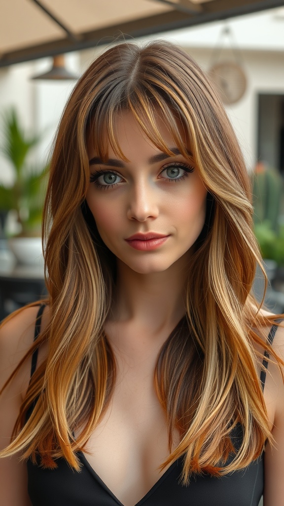 A woman with long shag haircut featuring fringed ends, styled with soft layers and highlights.