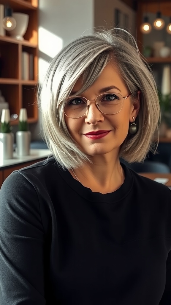 Woman with silver shag hairstyle and long side-swept fringe