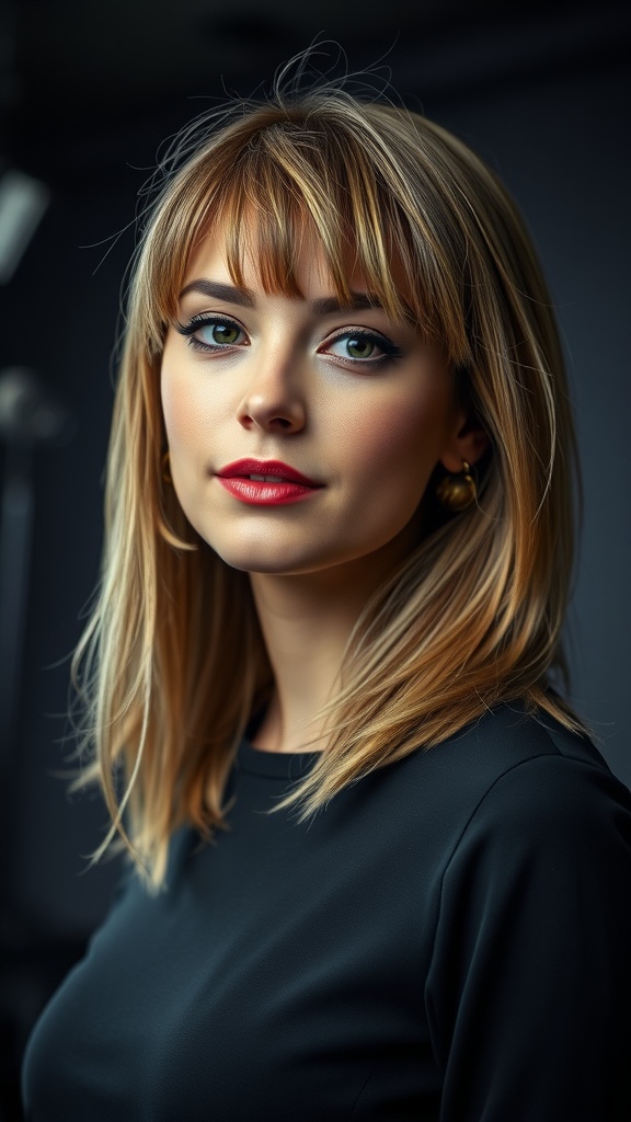 A woman with shag haircut featuring razor-cut bangs, displaying a stylish look against a dark background.