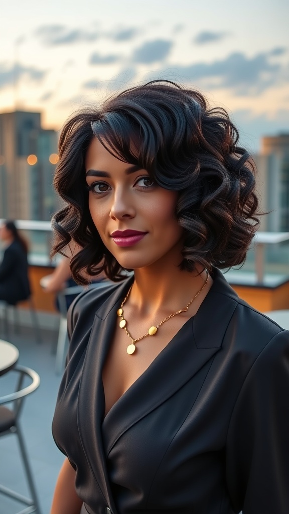 A woman with shag hairstyle featuring tapered ends and defined curls, wearing a stylish outfit in an urban setting.