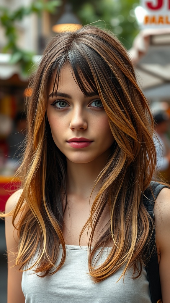 A woman with a shag haircut featuring wispy ends and an ombre effect, showcasing vibrant layers and natural movement.