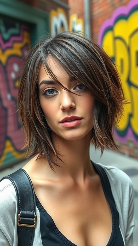 A woman with a shaggy A-line bob and curtain bangs stands in front of a colorful graffiti wall.