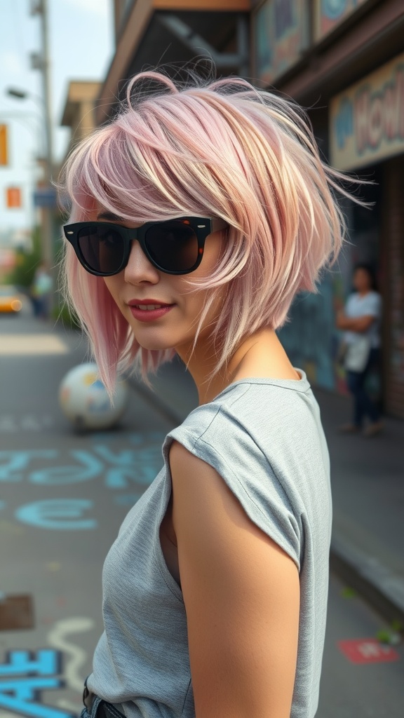 A woman with a shaggy asymmetrical bob hairstyle, wearing sunglasses, smiling while standing on a city street.
