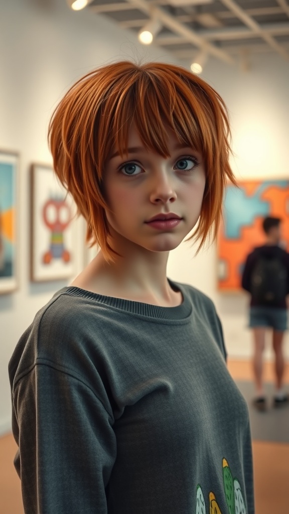 A woman with a shaggy bob hairstyle and baby bangs, looking stylish in an art gallery.
