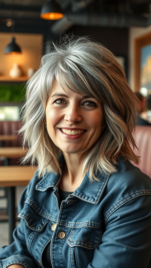 A happy woman with a shaggy bob haircut and bangs, smiling in a cozy cafe setting.