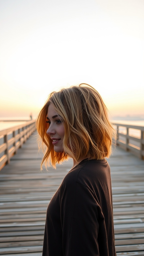 A woman with a shaggy bob hairstyle, featuring beachy texture and ombre ends, standing on a wooden pier during sunset.