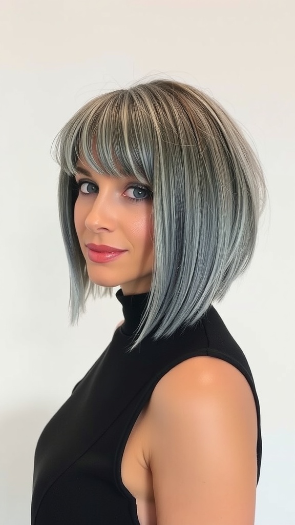 A woman with a shaggy bob haircut featuring blunt bangs and cool-toned balayage.