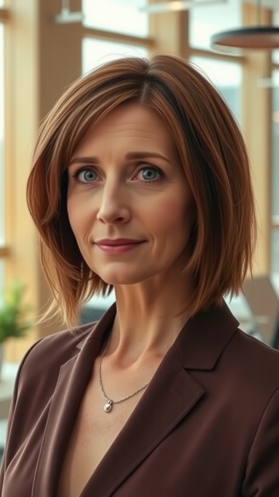 A woman with a shaggy bob haircut featuring blunt ends and subtle layers, set in a bright, modern interior.