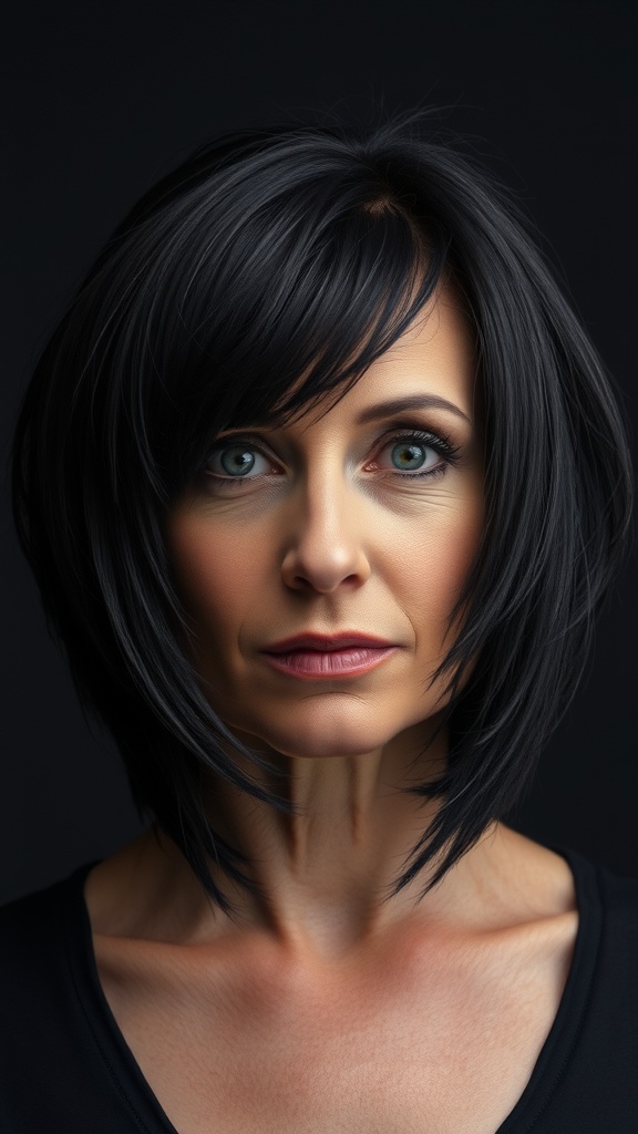 A woman with a shaggy bob haircut featuring bold bangs and textured layers, showcasing a modern and stylish appearance.