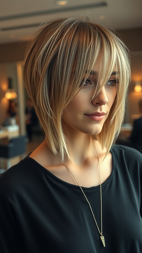 A woman with a shaggy bob haircut featuring dramatic angles and shadow highlights
