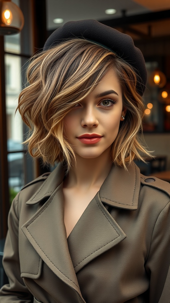 A woman with a shaggy bob hairstyle featuring highlights and lowlights, wearing a beret and a stylish coat.