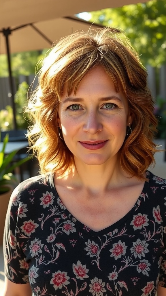 A woman with layered curly hair and copper highlights, wearing a floral top, smiling at the camera.