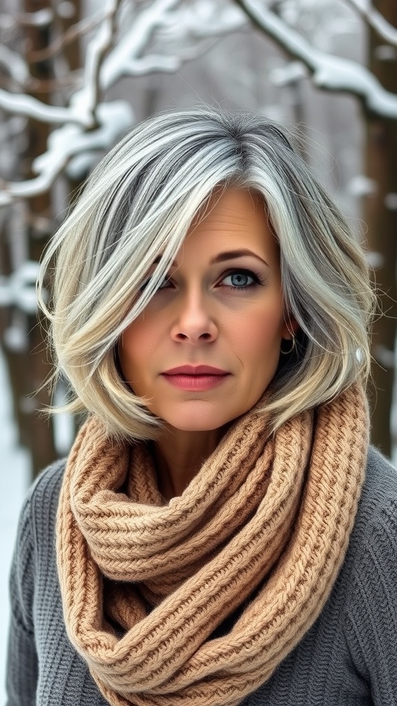 A woman with a shaggy bob haircut featuring loose waves and frosted tips, wearing a cozy scarf in a snowy background.