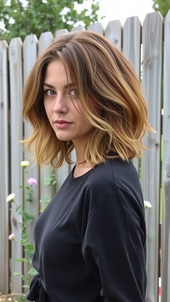 A woman with a shaggy bob haircut featuring natural waves and a soft ombre effect, standing against a wooden fence.
