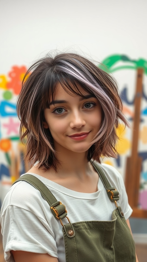 A woman with a shaggy bob haircut featuring peekaboo color highlights, smiling in a casual outfit.