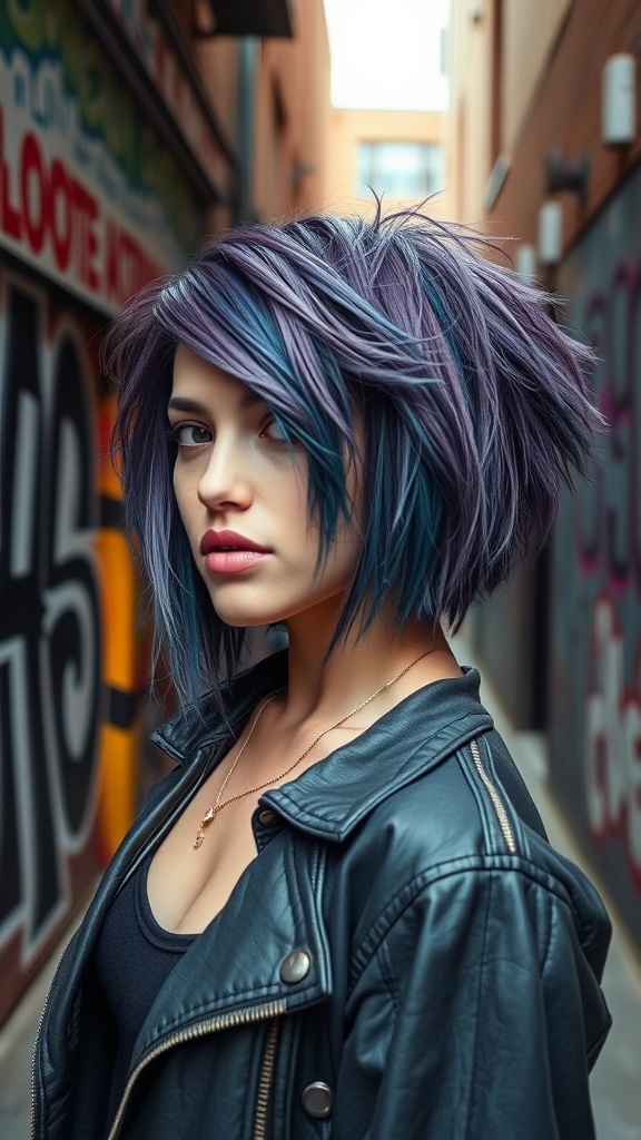 A model showcasing a shaggy bob haircut with razor-cut layers and bright streaks of blue and purple.