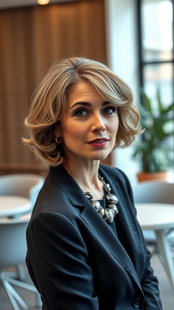 A woman with a shaggy bob hairstyle featuring rounded curls, dressed in a blazer, with a stylish necklace, set in a modern environment.
