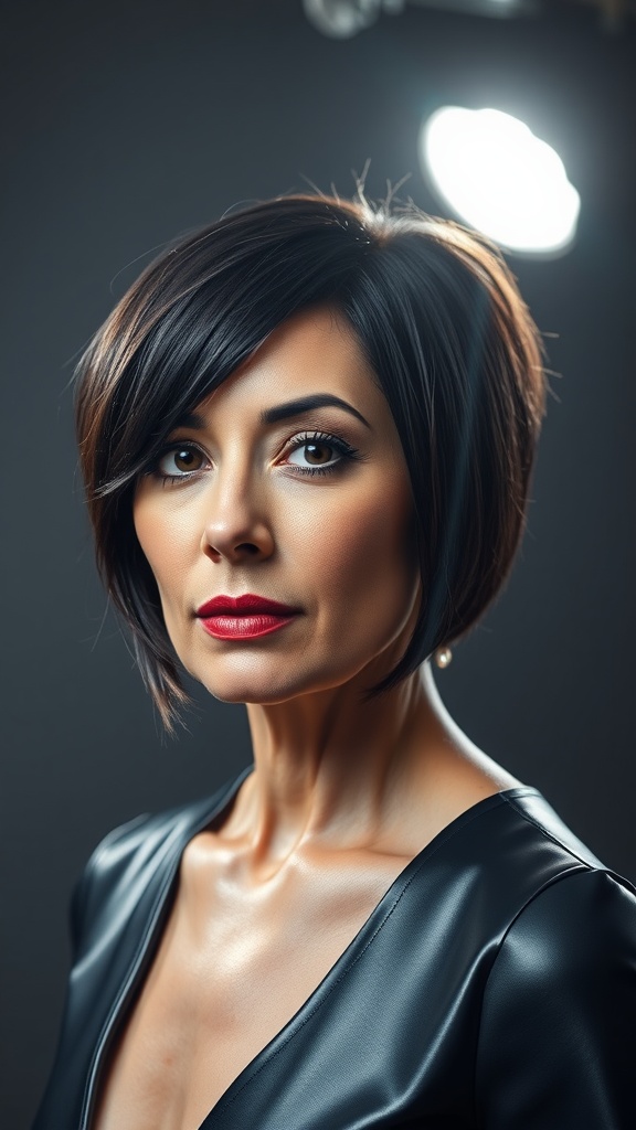 Woman with a sleek, shiny shaggy bob hairstyle and bold red lips, wearing a black outfit.