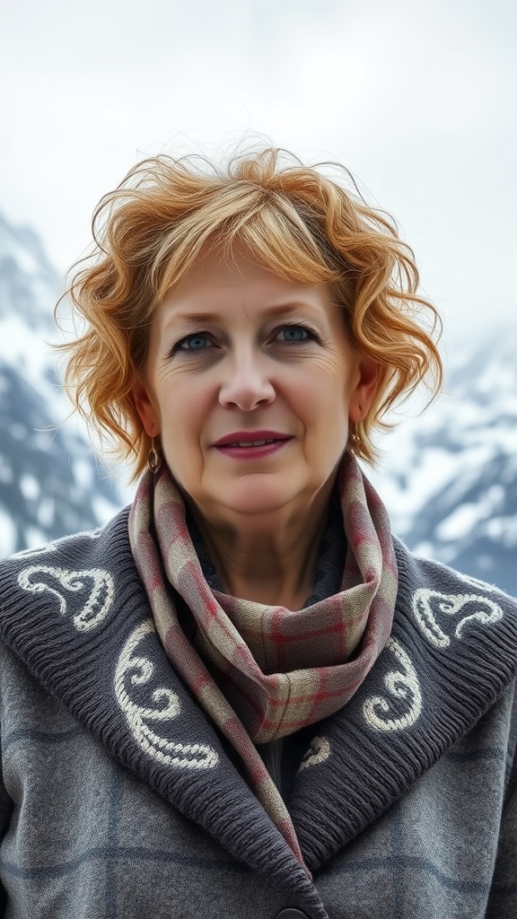 A woman with a shaggy bob haircut, featuring soft curls and rosy undertones, wearing a patterned scarf and a cozy coat against a mountainous background.
