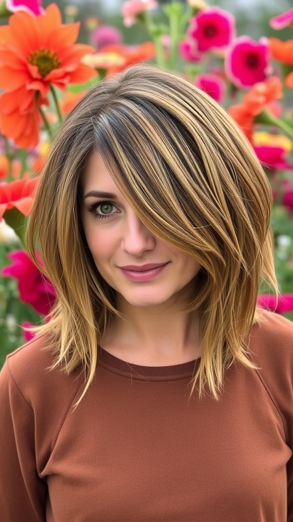A woman with a shaggy bob hairstyle featuring soft layers and balayage highlights