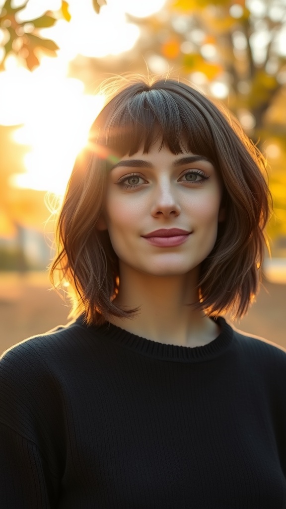 A young woman with a shaggy bob haircut, featuring subtle waves and baby bangs, standing outdoors with sunlight filtering through trees.