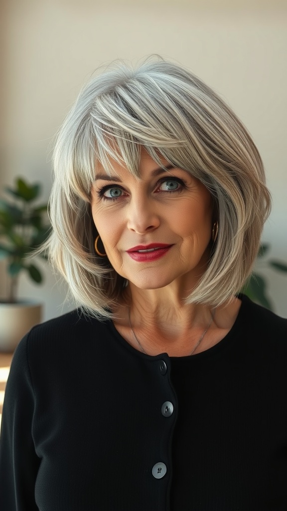 A woman over 60 with a shaggy bob hairstyle, featuring textured ends and a vibrant gray color.